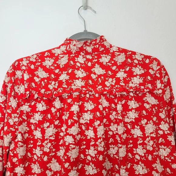 ZARA Floral Print Ruffles Tie Front Shirt Blouse Red - Picture 11 of 12